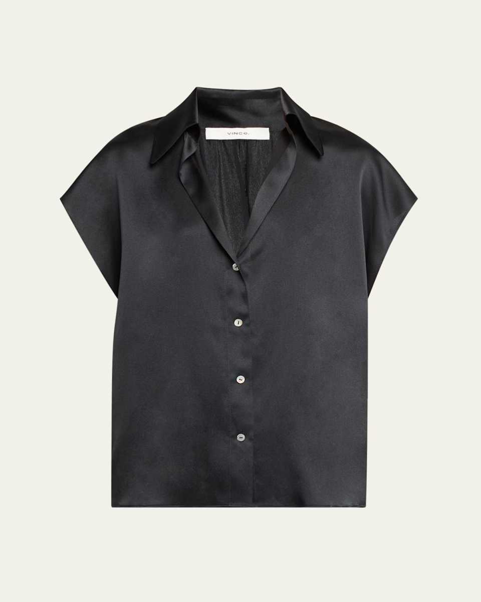 Cap-Sleeve Ruched-Back Silk Blous